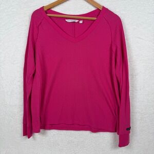 Calvin Klein Jeans Waffle Knit Top Womens Small Pink V-Neck Long Sleeve Pullover